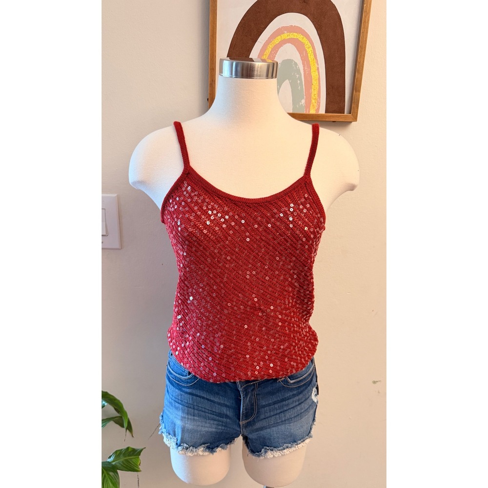 Musera Sequin Knit Camisole Womens Size S Red Sparkle Party Tank Top